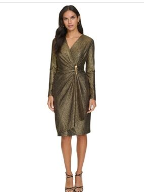 Calvin Klein Petite Metallic Faux-Wrap Sheath Dress - Black Gold